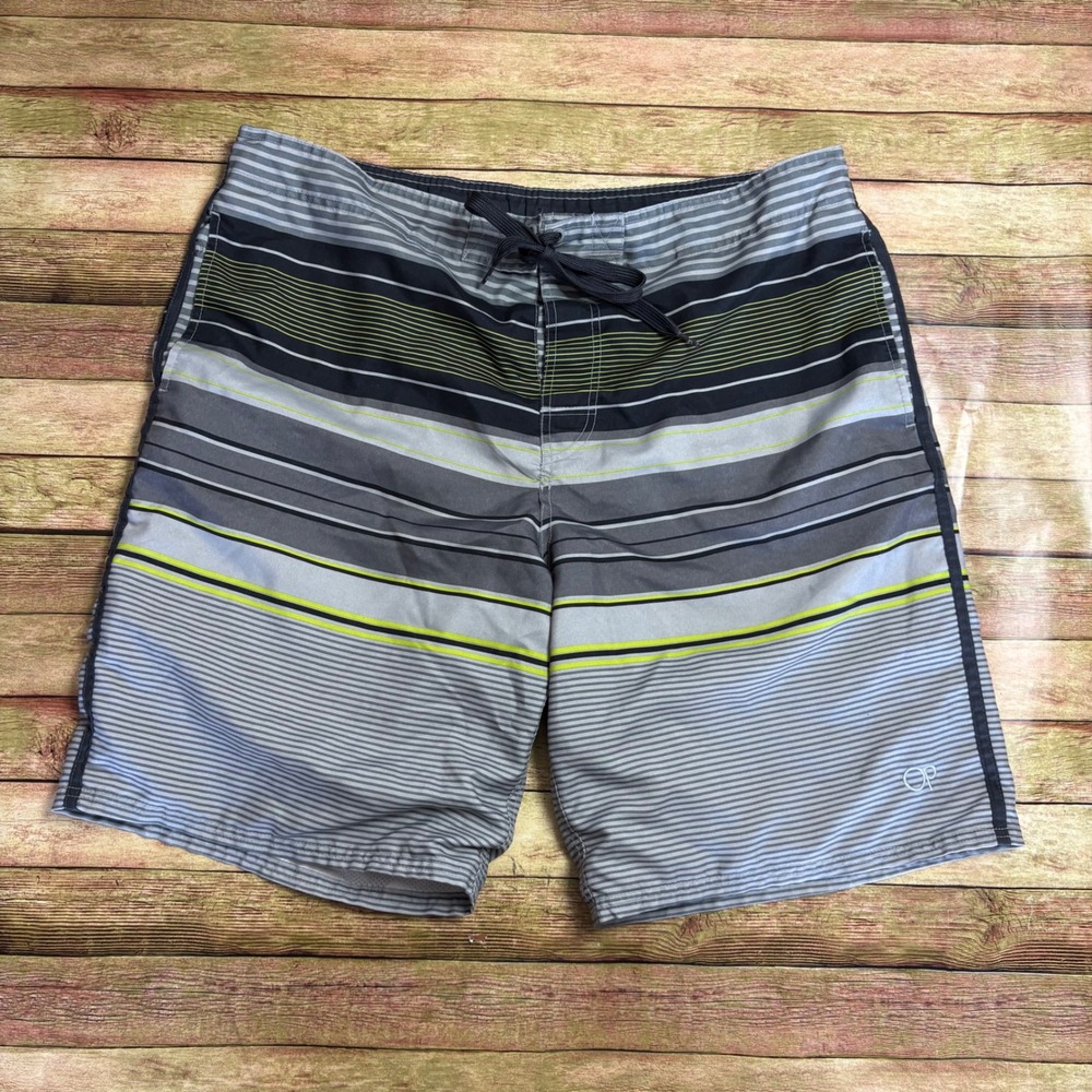 Op Grey Striped E-Board Swim Shorts Men's Size L 36-38 Surf Indie Skater